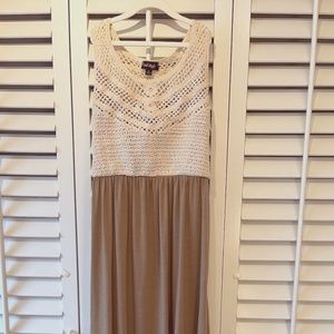 Women's Sleeveless Maxi Dress with Crochet Bodice and Poly Knit Skirt Very Boho!